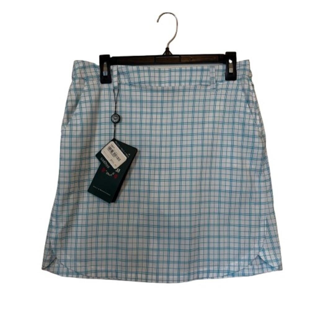 CHERVO Junior Golf Skort 10 NWT Blue White Plaid Striped Pattern Athletic